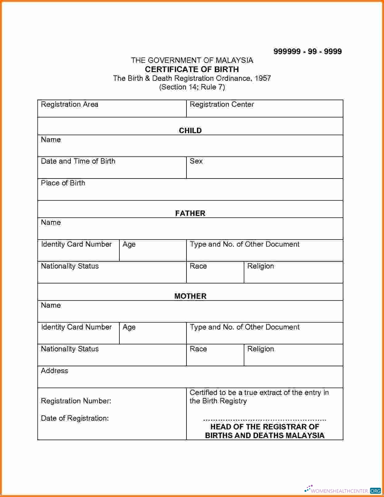 Download Malaysia The birth and death registration ordinance birth certificate Photoshop template